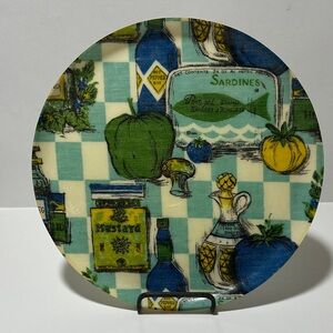 Vintage Kitchen Print Fiberglass Plate Retro Sardines Mustard Blue Green Decor
